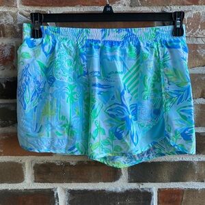 Lilly Pulitzer Green and Blue Athletic Shorts Vibrant Tropical Print